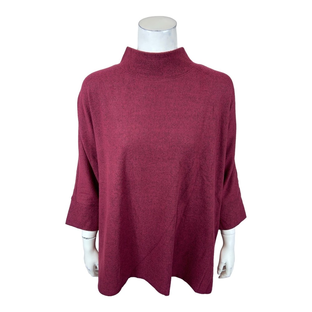 Denim & Co. Women's Comfort Zone Plush Knit Mock Neck Poncho Solid Wine 1X Size